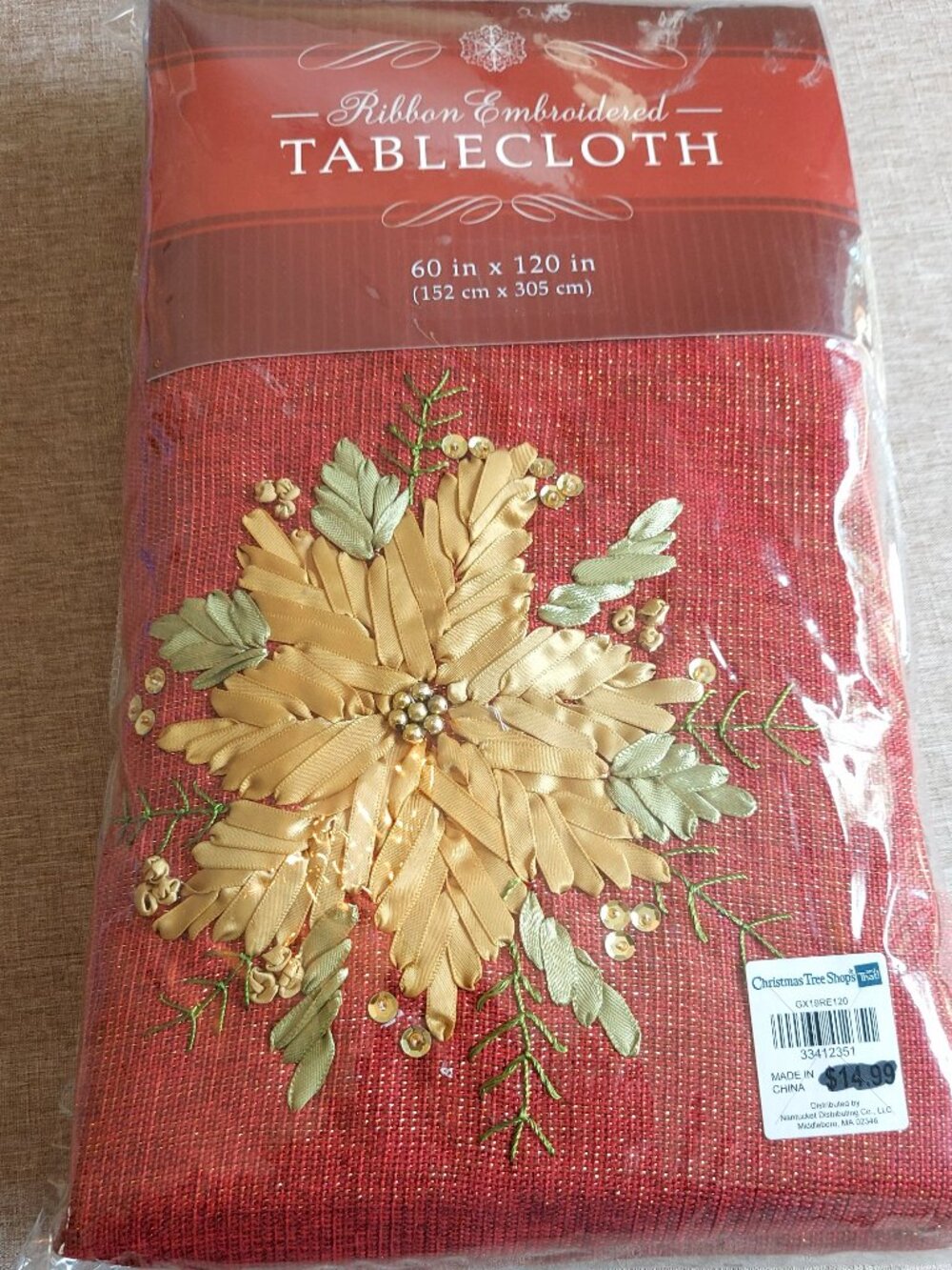 Embroidered Christmas Red Table Linen with Gold Ribbon Floral Accent, 60x120 In